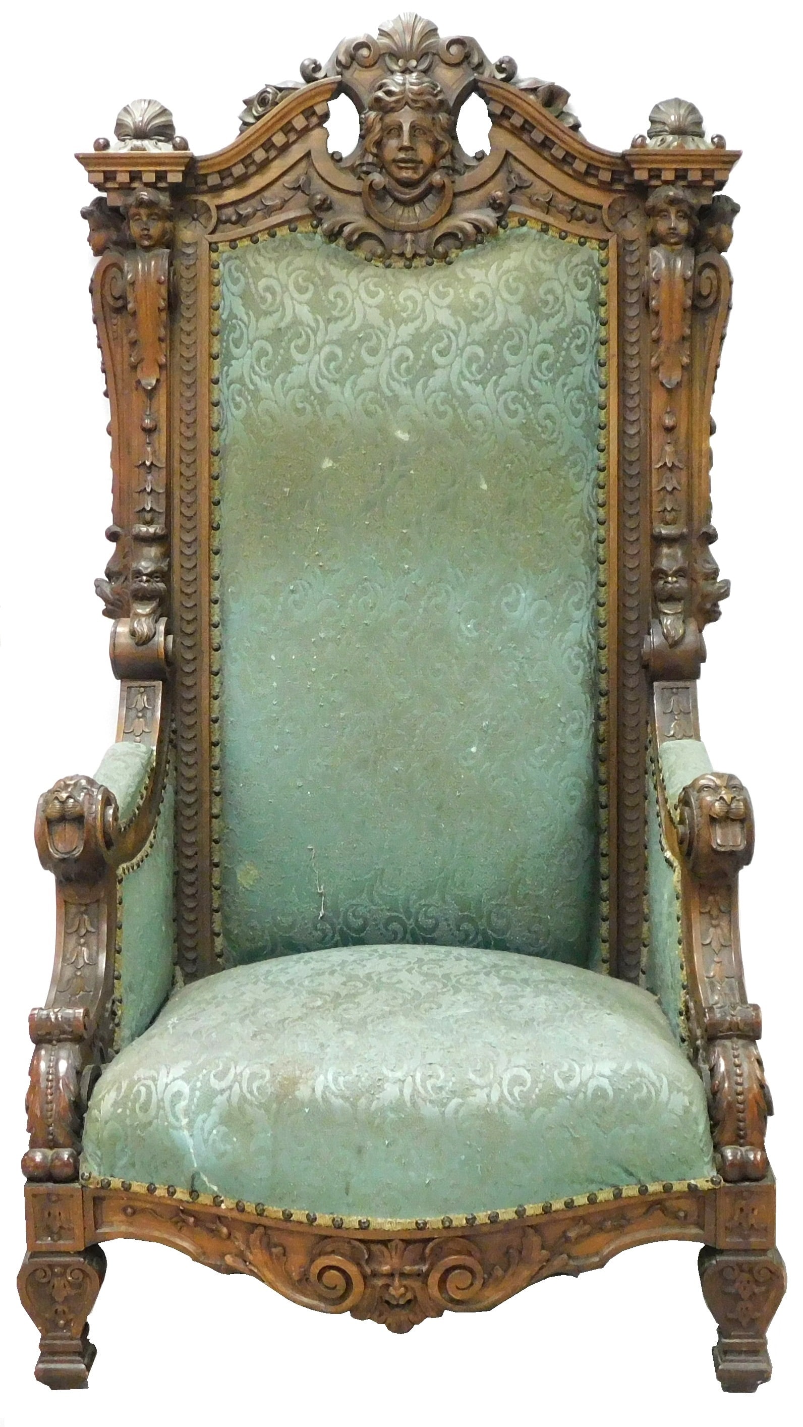 Renaissance Revival throne chair, 19th C., heavily carved with shells, human figures, leafage, bell (1 of 3)