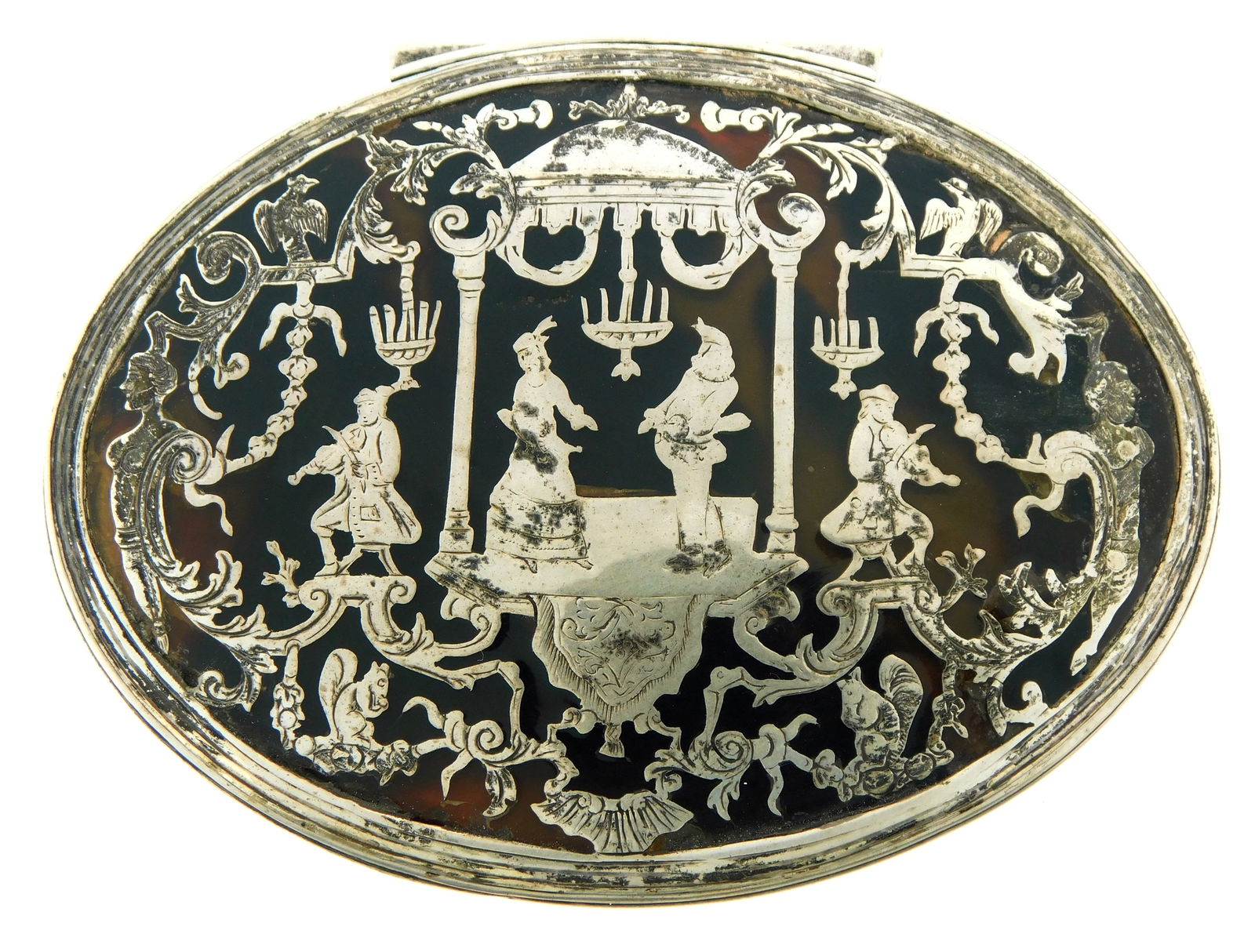 Tortoiseshell and silver pique snuff box, late 17th/18th C., English or French, oval form with (1 of 4)