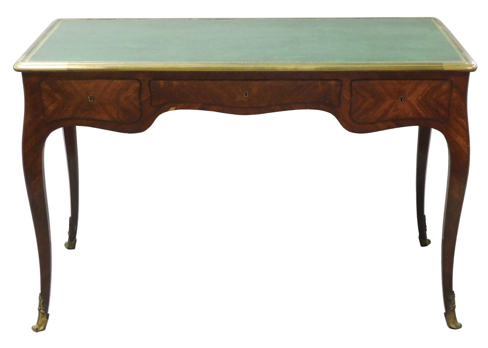 +French style parquetry bureau plat/ desk with gilt embossed green leather top, late 19th or early (1 of 5)