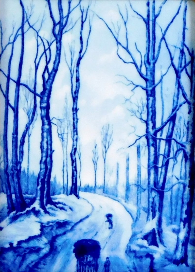 Rosenthal Delft tile plaque, c. 1890, with depiction of a country road in winter, featuring figures (1 of 3)