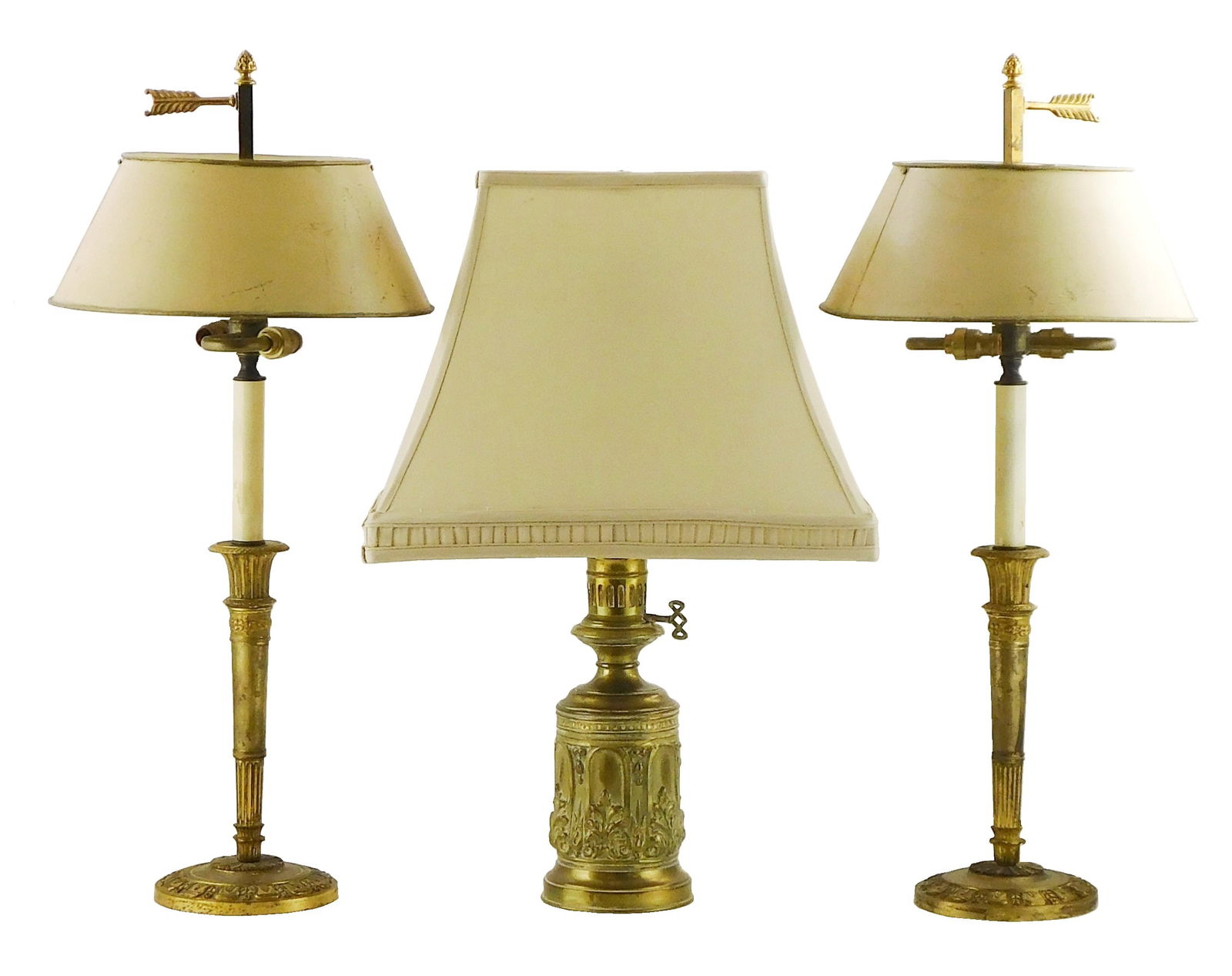 Three table lamps, including a brass repousse base, retrofitted from oil lamp to electric, with (1 of 5)