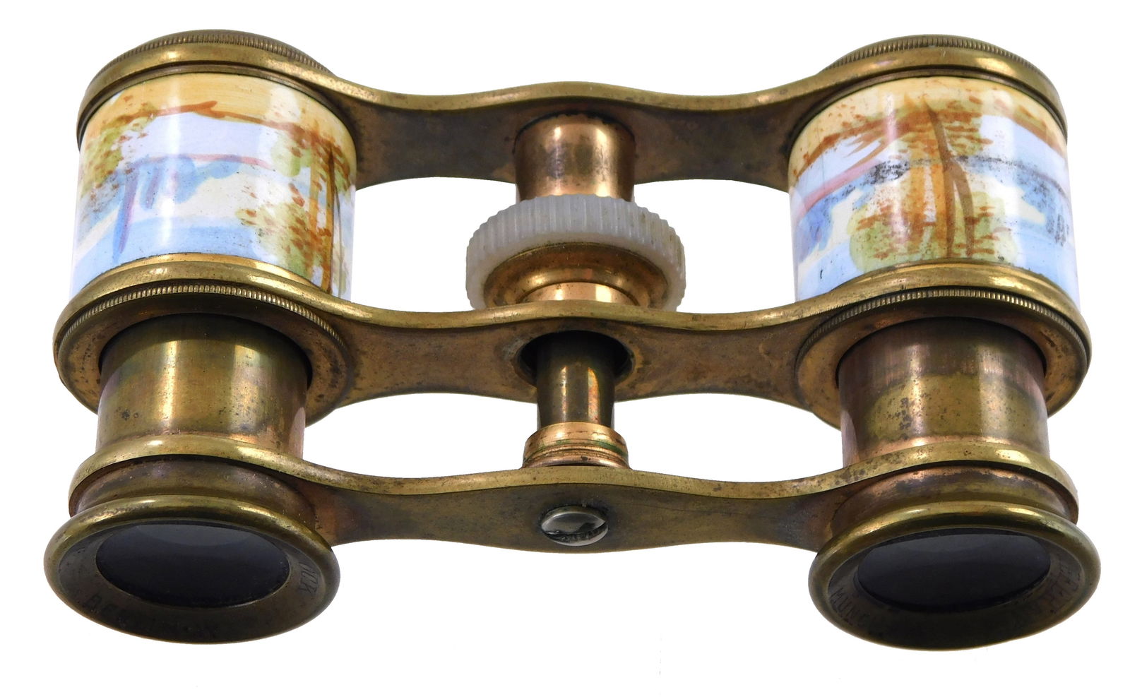 Diminutive enamel opera glasses, late 19th C., Germany, brass frame with mother of pearl focus dial, (1 of 6)