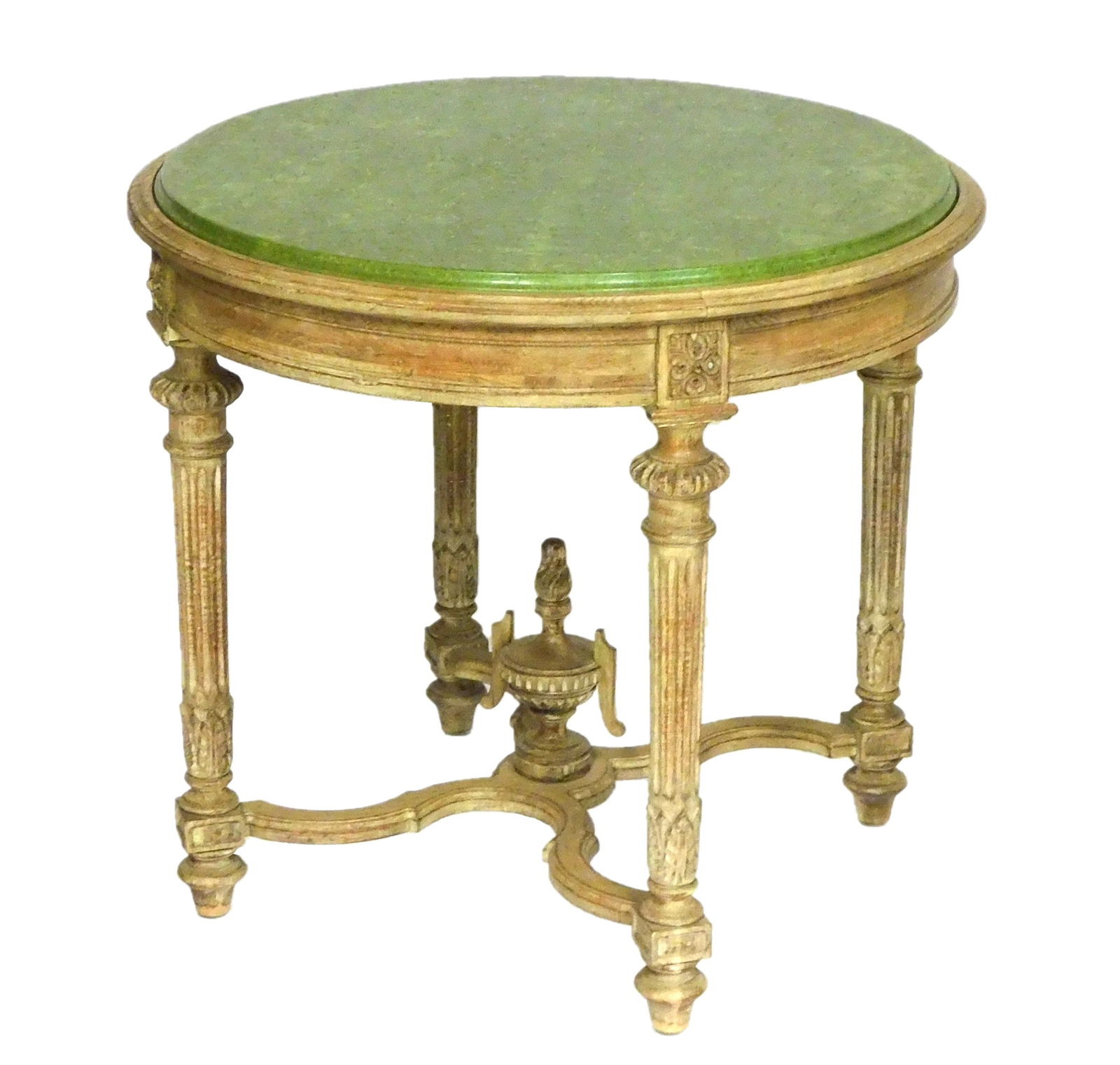Louis XVI style center table, 20th C., green faux leather round top, caned wooden frame with (1 of 3)