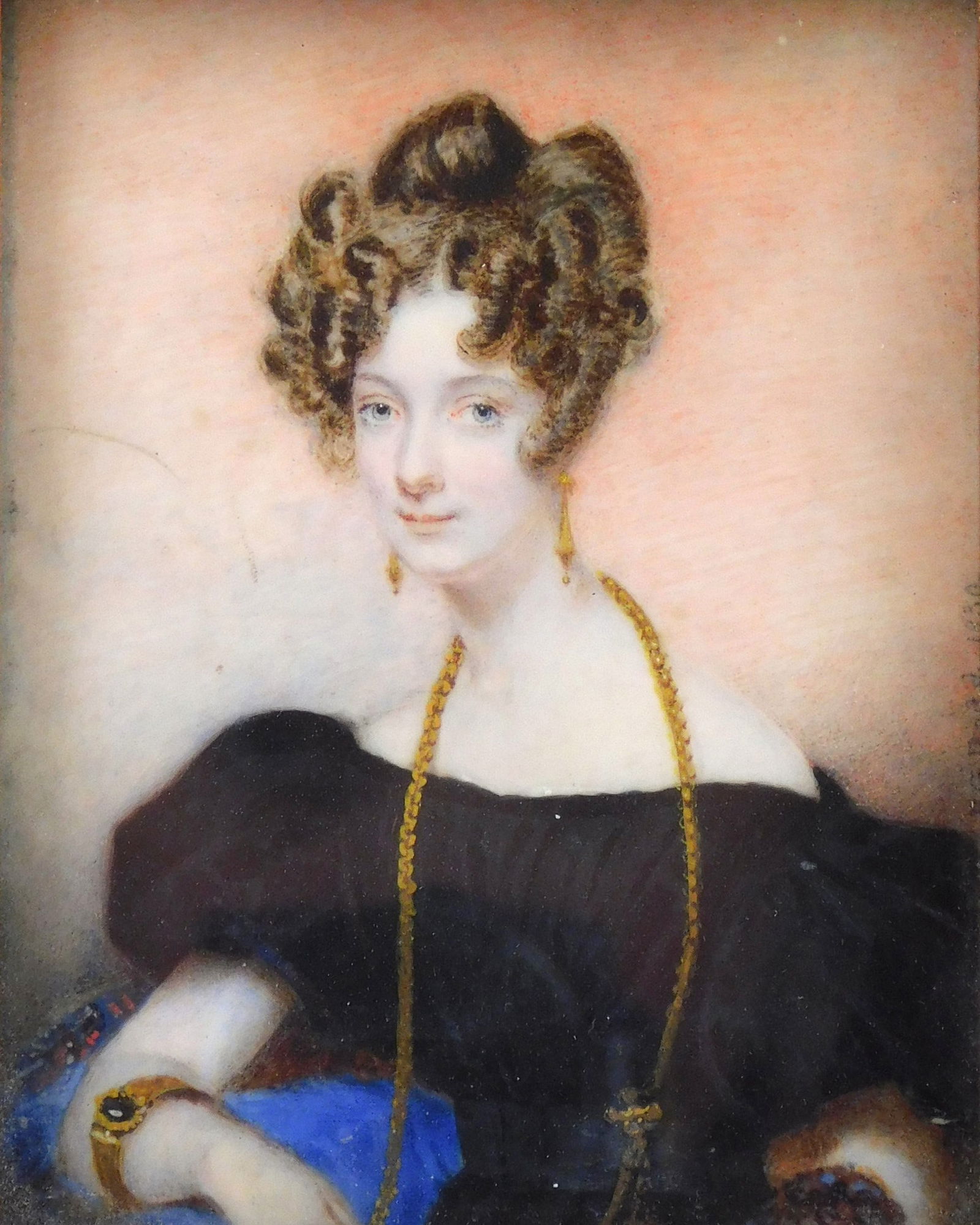 Early 19th C. miniature portrait of woman, c. 1830, oil on board, depicting a lady with sausage (1 of 4)