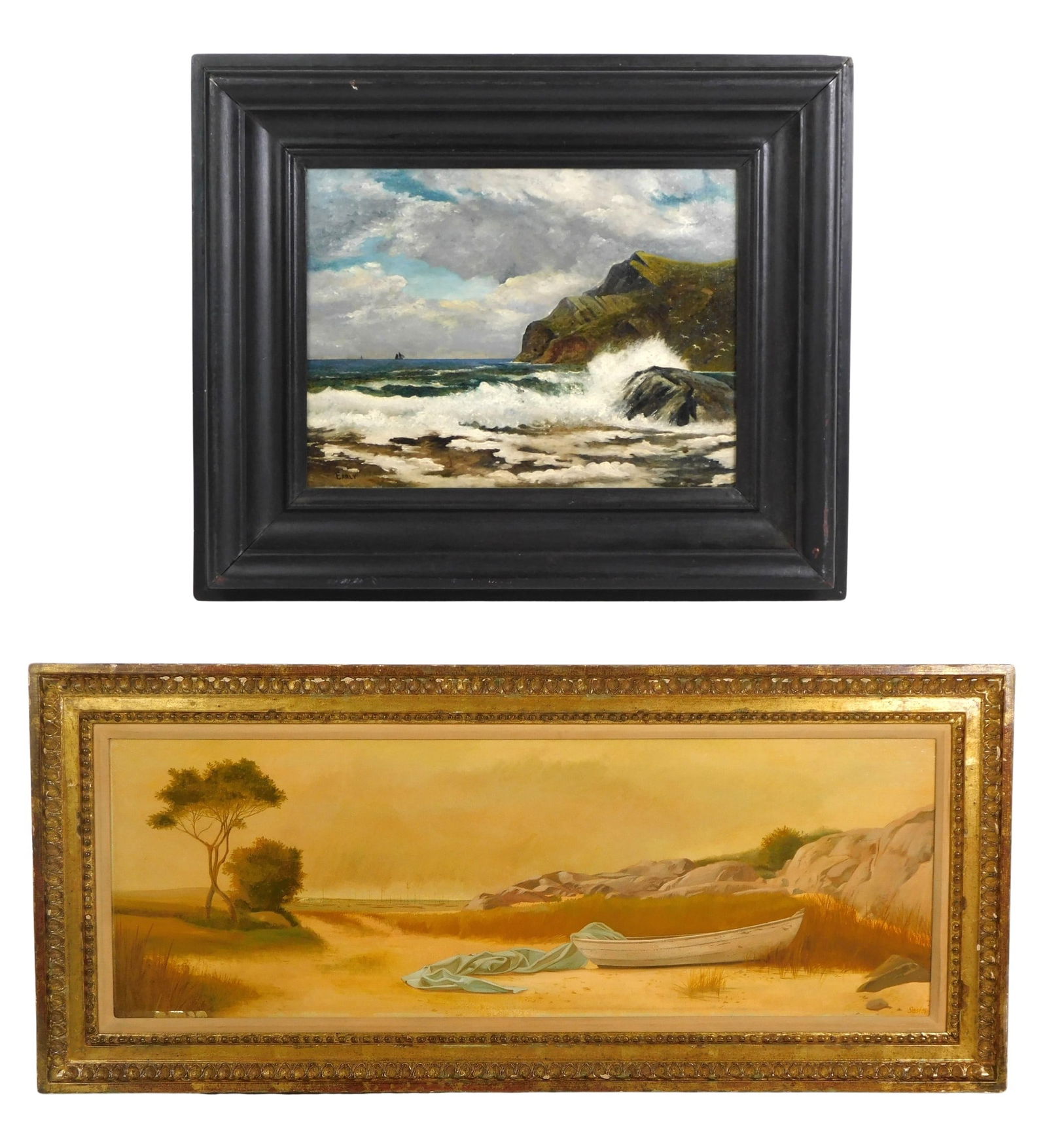 Two 20th C. traditional maritime oil paintings, including; oil on board coastal scene, with boat on (1 of 10)