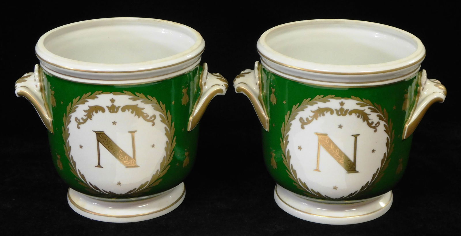 Pair of French porcelain cachepots, hand painted with gilt Napoleonic 'N's and bee details, green (1 of 3)