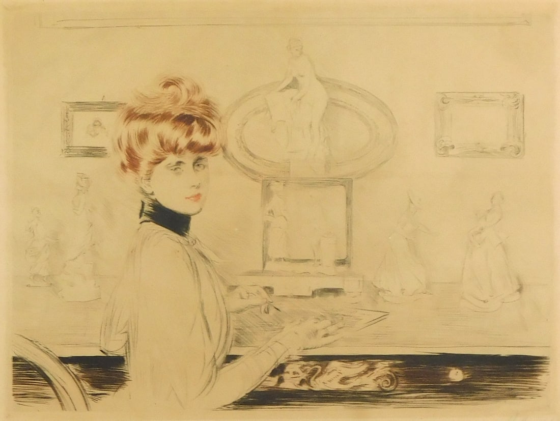Paul César Helleu (New York / France, England, 1859-1927), color drypoint, depicting woman writing: Paul César Helleu (New York / France, England, 1859-1927), color drypoint, depicting woman writing at desk, signed lower right, edition 4/50, wear consistent with age, including mat burn, not examine