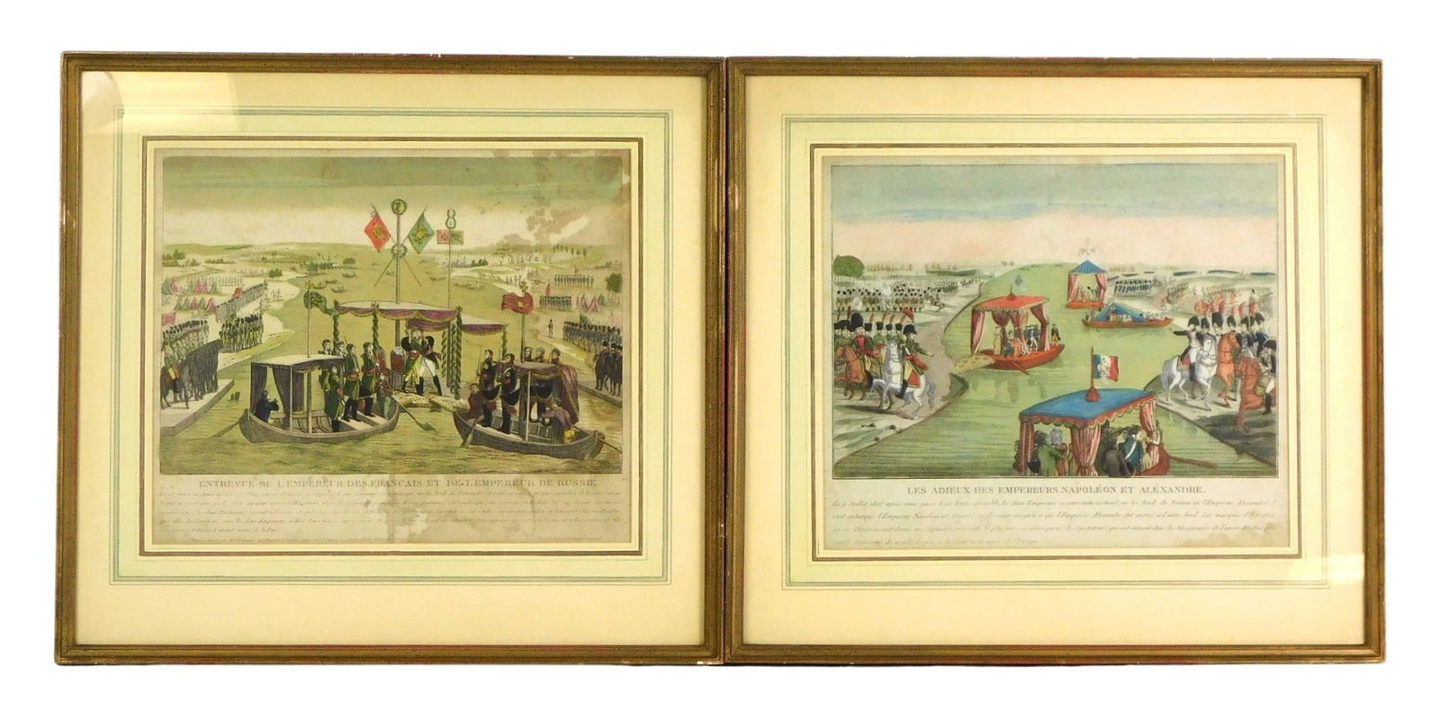 Two 19th C. hand colored etchings, depicting the meeting of Napoleon and Alexander at Niemens, 25th (1 of 6)