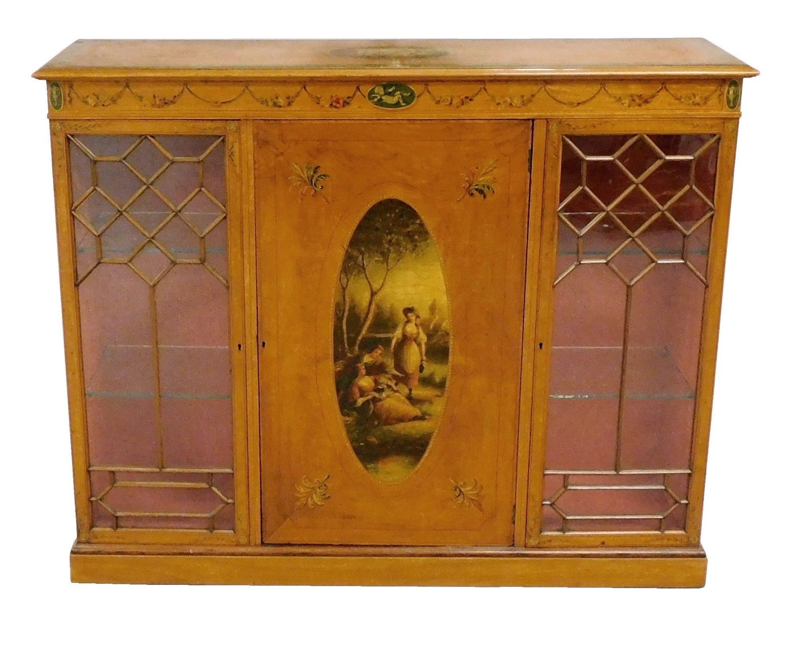 Edwardian display cabinet, 20th C., electrified with painted scene on front of three women, maple, (1 of 5)