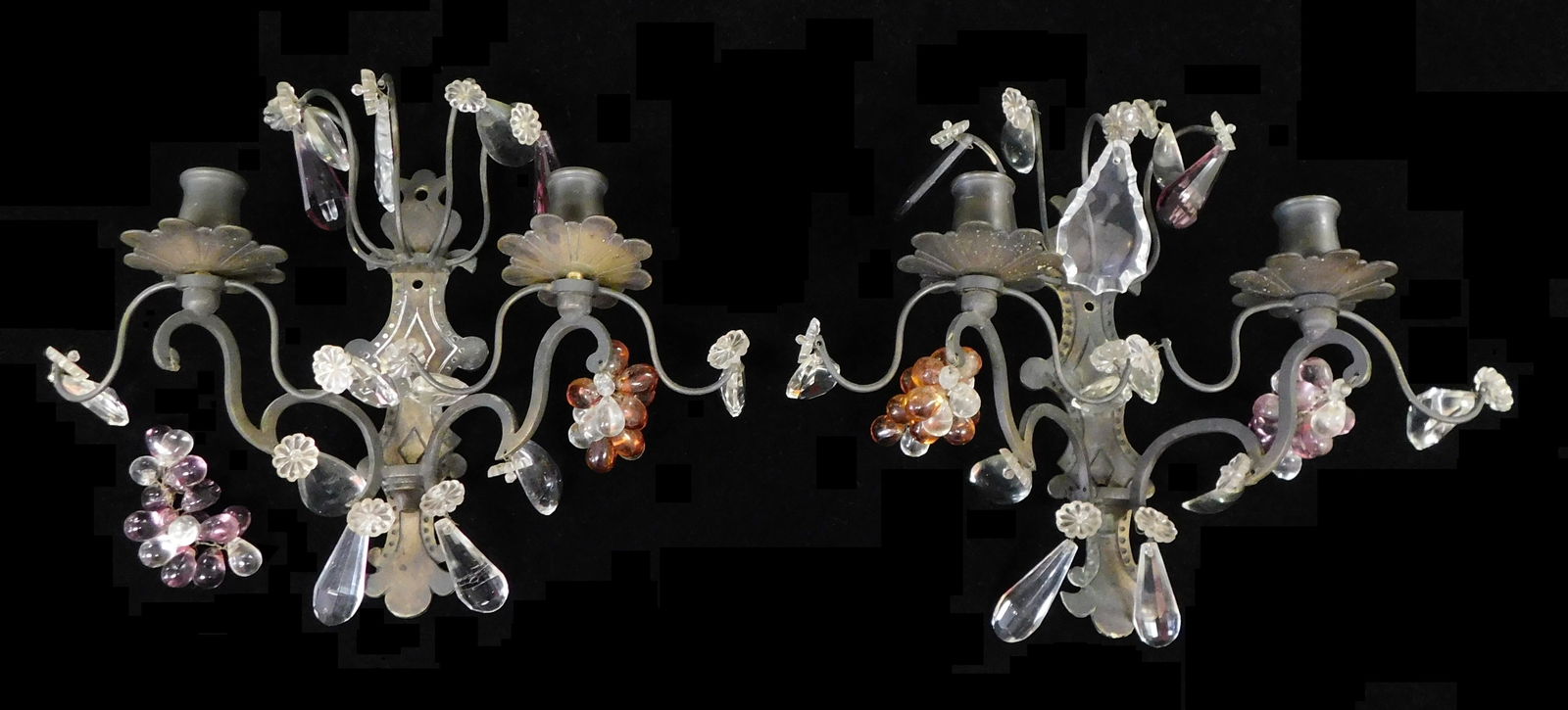 Pair of French wall sconces, 20th C., metal and crystal, each having two candle arms adorned with (1 of 3)