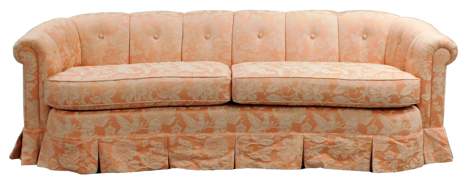 Salmon pink damask upholstered sofa, 20th/ 21st C., button tufted, back and arms form a continuous (1 of 3)