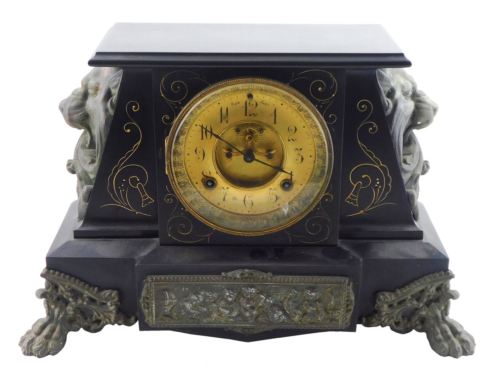 CLOCK: Black slate mantle clock, late 19th C., open escapement, lions heads on side, cherub (1 of 5)