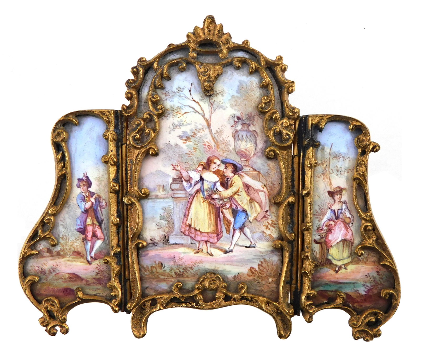 Viennese miniature enamel decorated tri-fold screen, late 19th C., gilt metal frame, double-sided (1 of 3)