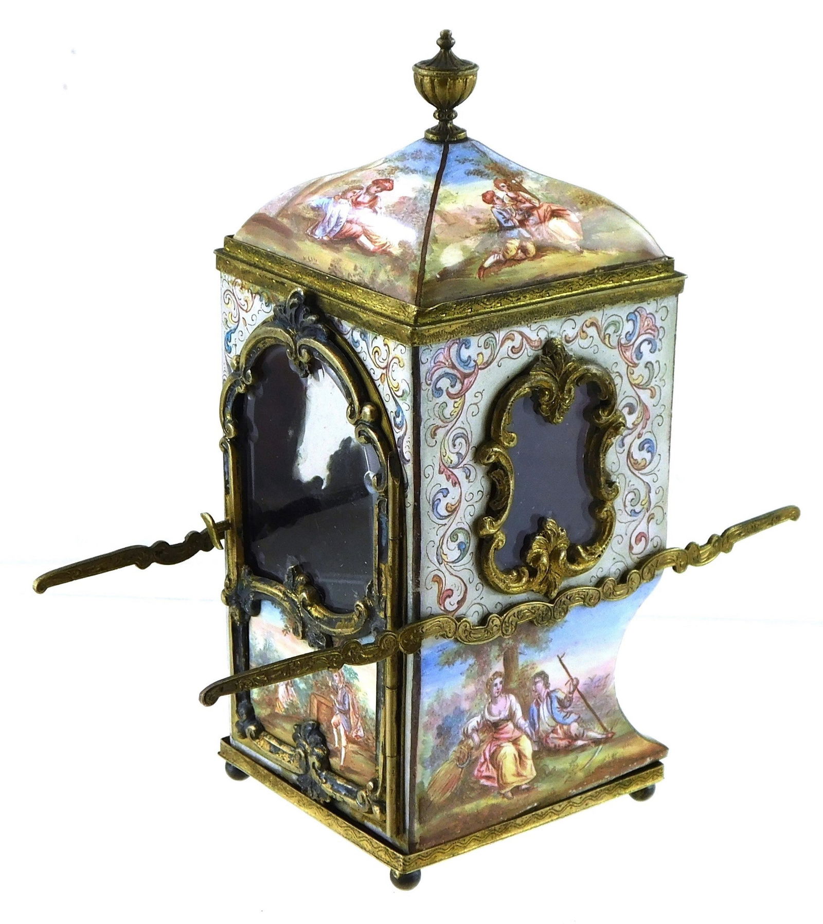 Viennese enamel miniature sedan chair, mid to late 19th C., in three pieces, enameled decoration of (1 of 8)