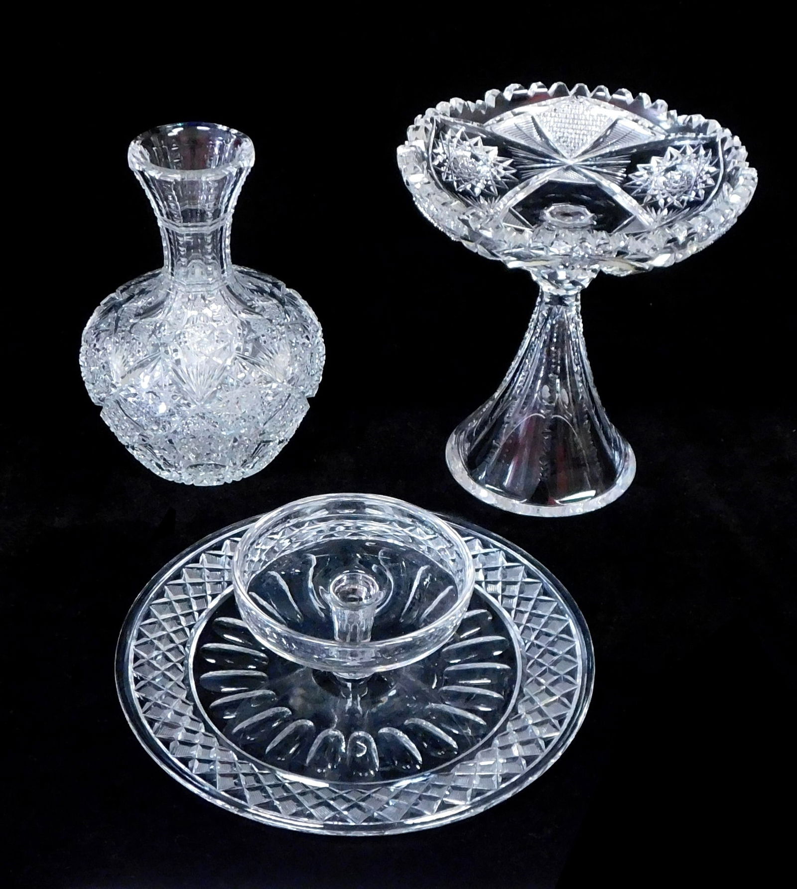 GLASS: Three pieces of fine cut crystal, including a Hawkes signed jam and cracker platter, 10 1/4" (1 of 4)