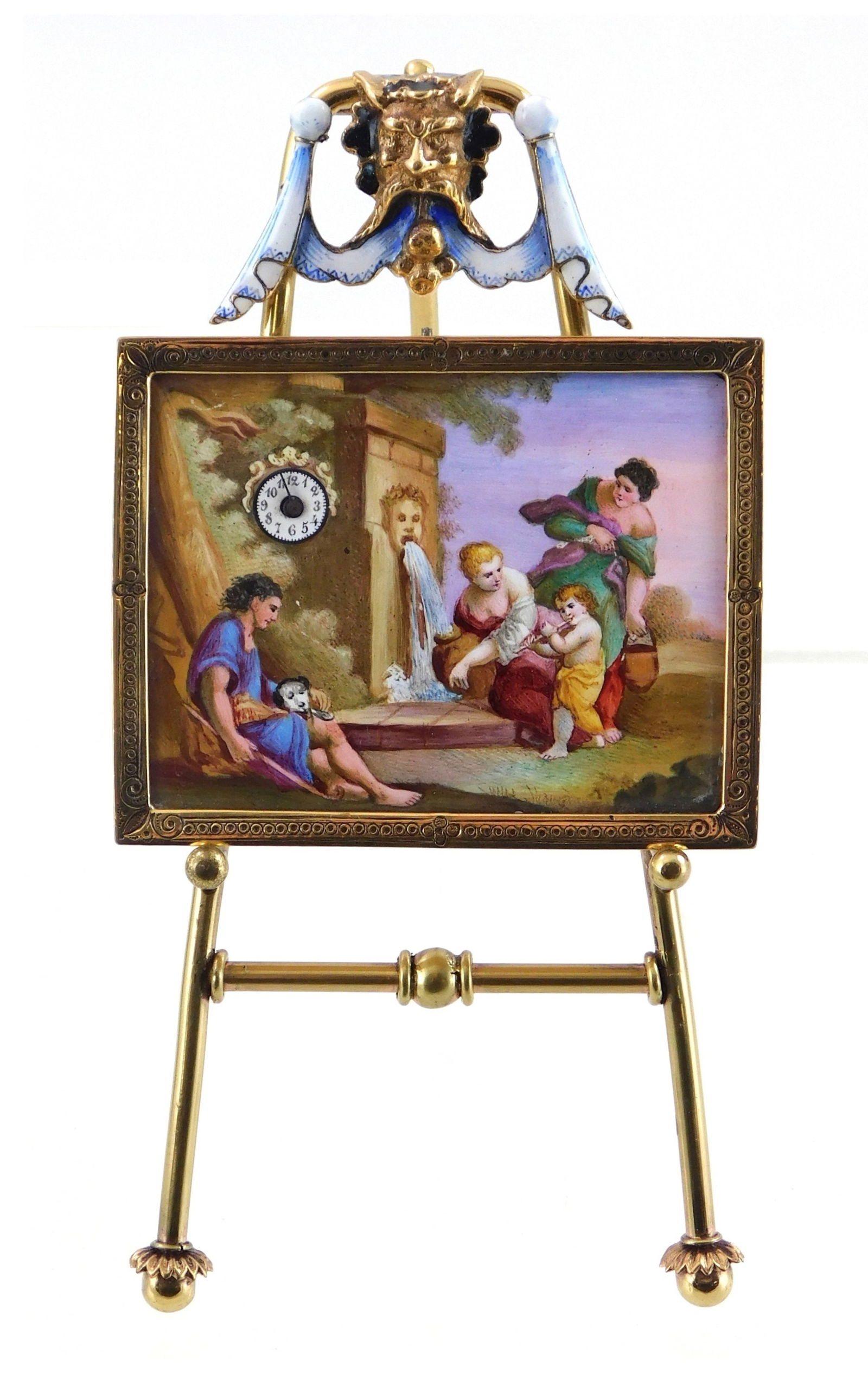 Viennese miniature enamel panel with clock on easel, late 19th C., gilt metal frame and stand, (1 of 4)