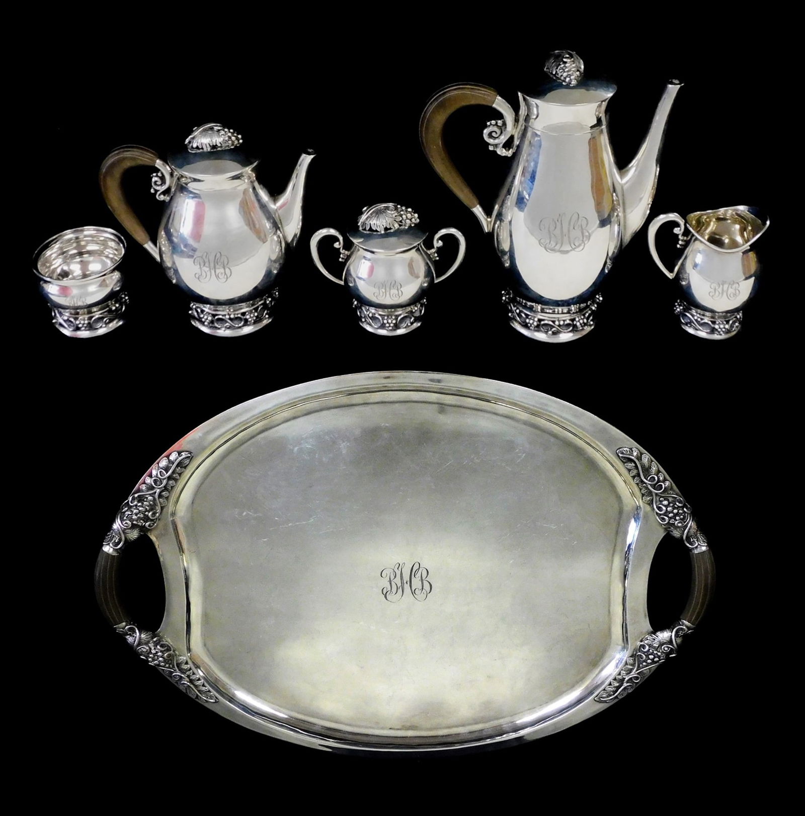 STERLING: Codan six piece tea service, mid-20th C., Mexican, pattern "CM22", sterling silver, (1 of 9)
