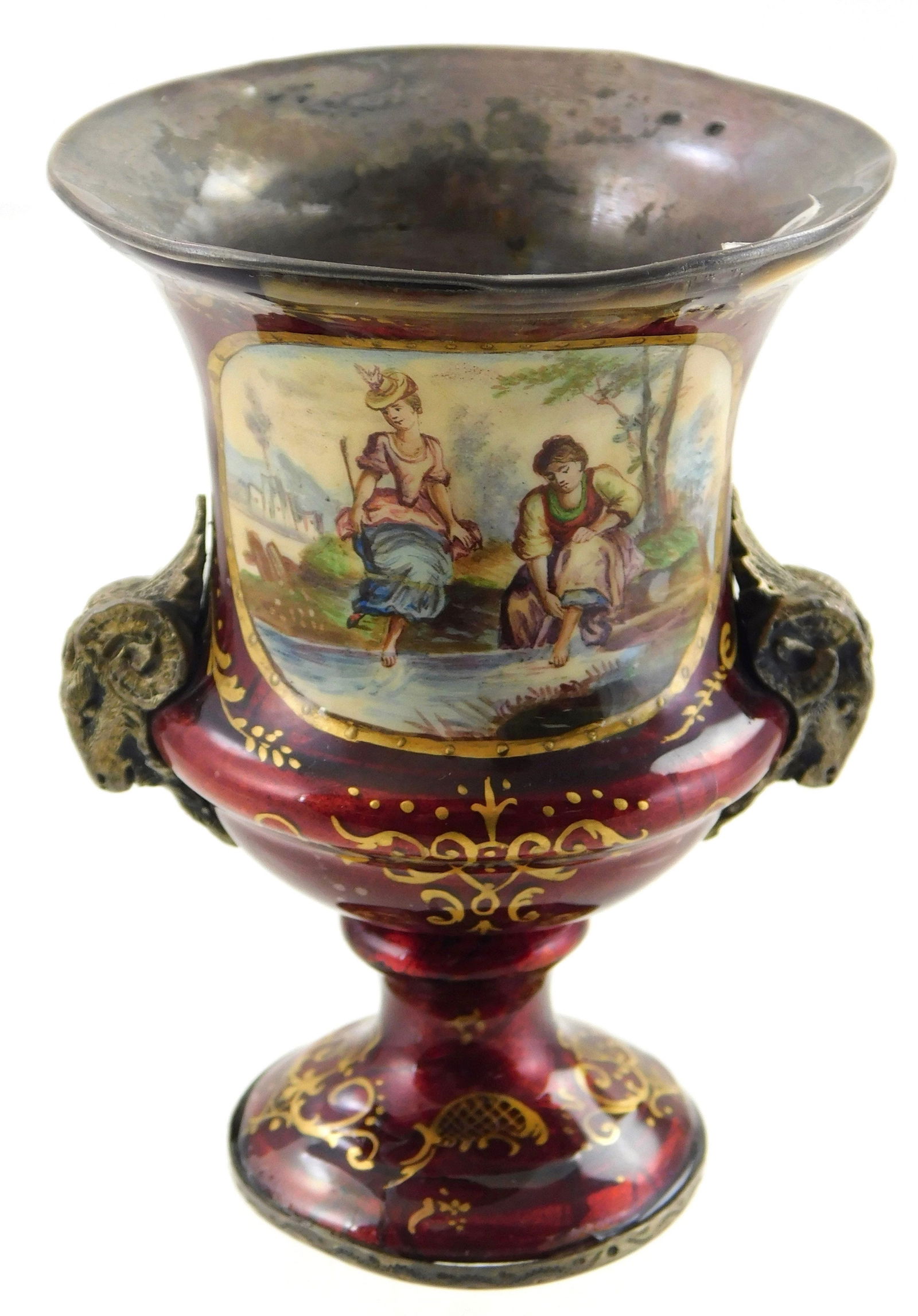 Viennese miniature urn-form vase, 19th C., hallmarked silver frame decorated with red enamel, gilt (1 of 7)