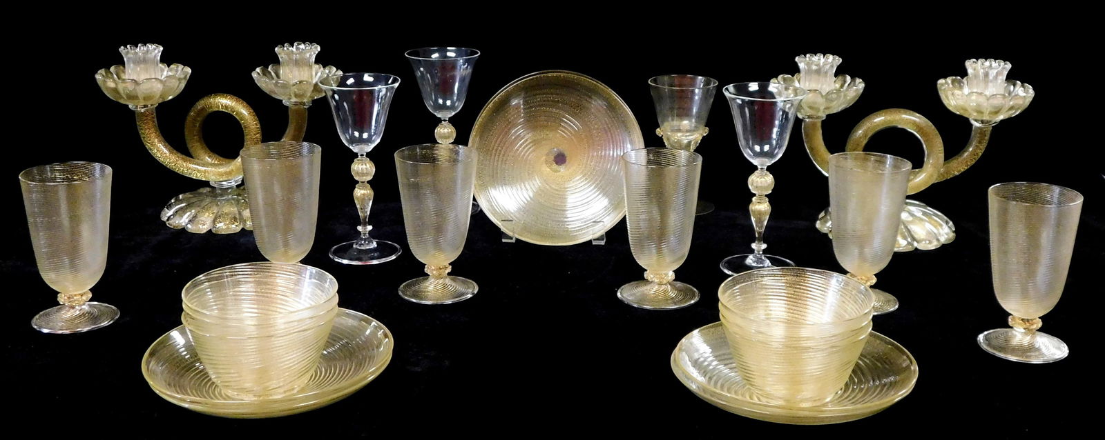 GLASS: Venetian glass, 20 plus pieces, hand blown, all with gold flecked accents, including six (1 of 7)