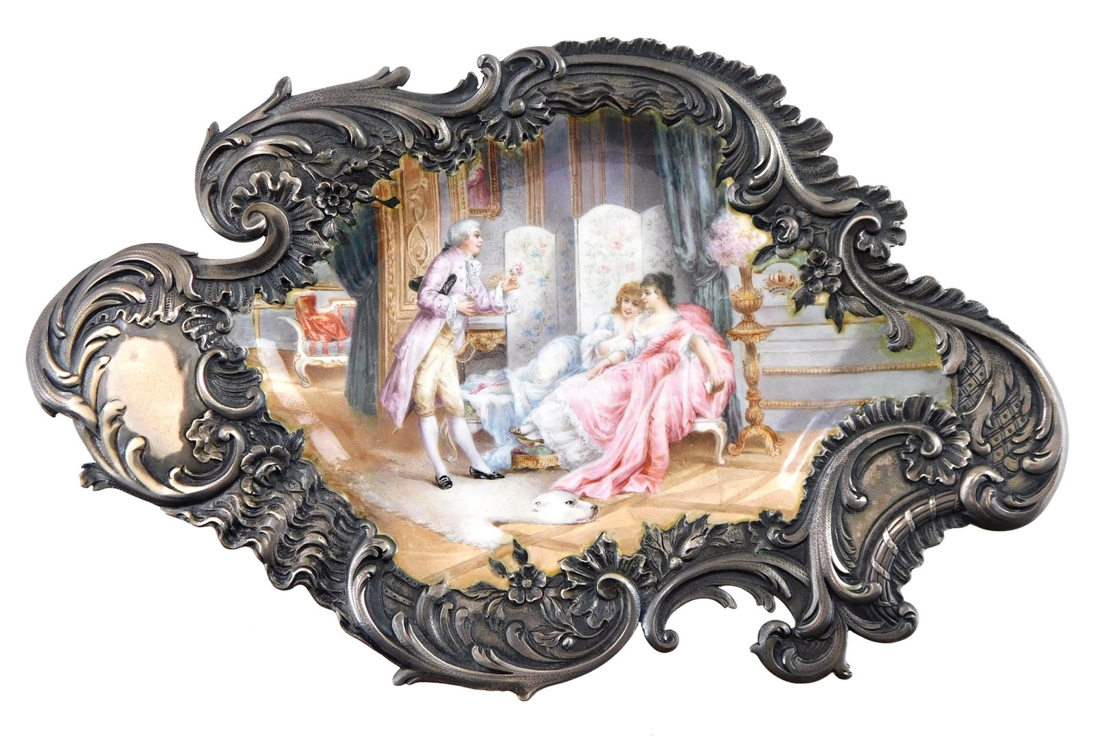 French silver and enamel card plate with lobed sides, late 19th C., imported by Edwin Thompson: French silver and enamel card plate with lobed sides, late 19th C., imported by Edwin Thompson Bryant and stamped with his and English import hallmarks, enamel depicts gentleman holding small bouquet 