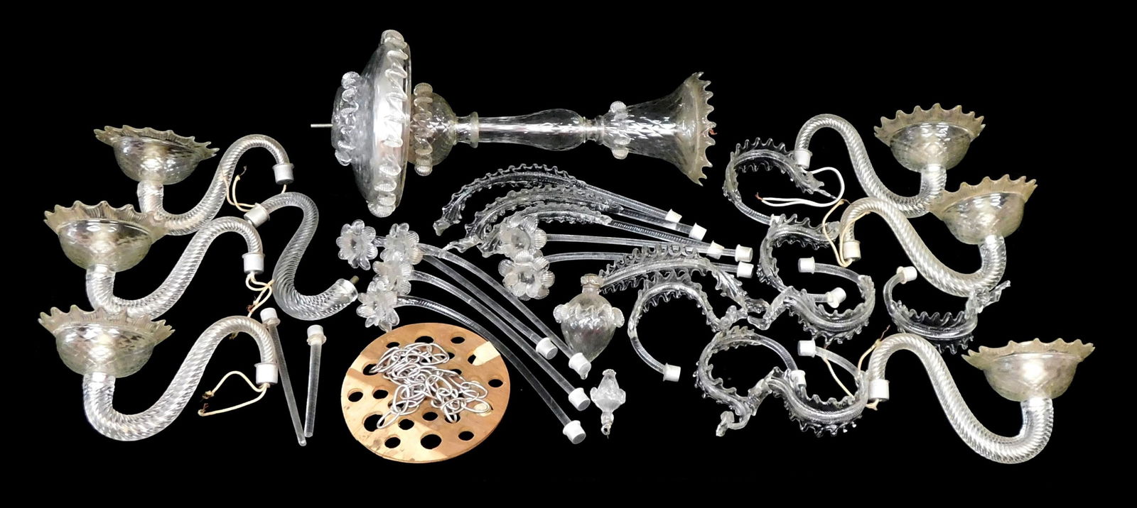 Venetian glass chandelier parts, clear glass, six arm candelabra-base sockets, hardwired, with (1 of 5)