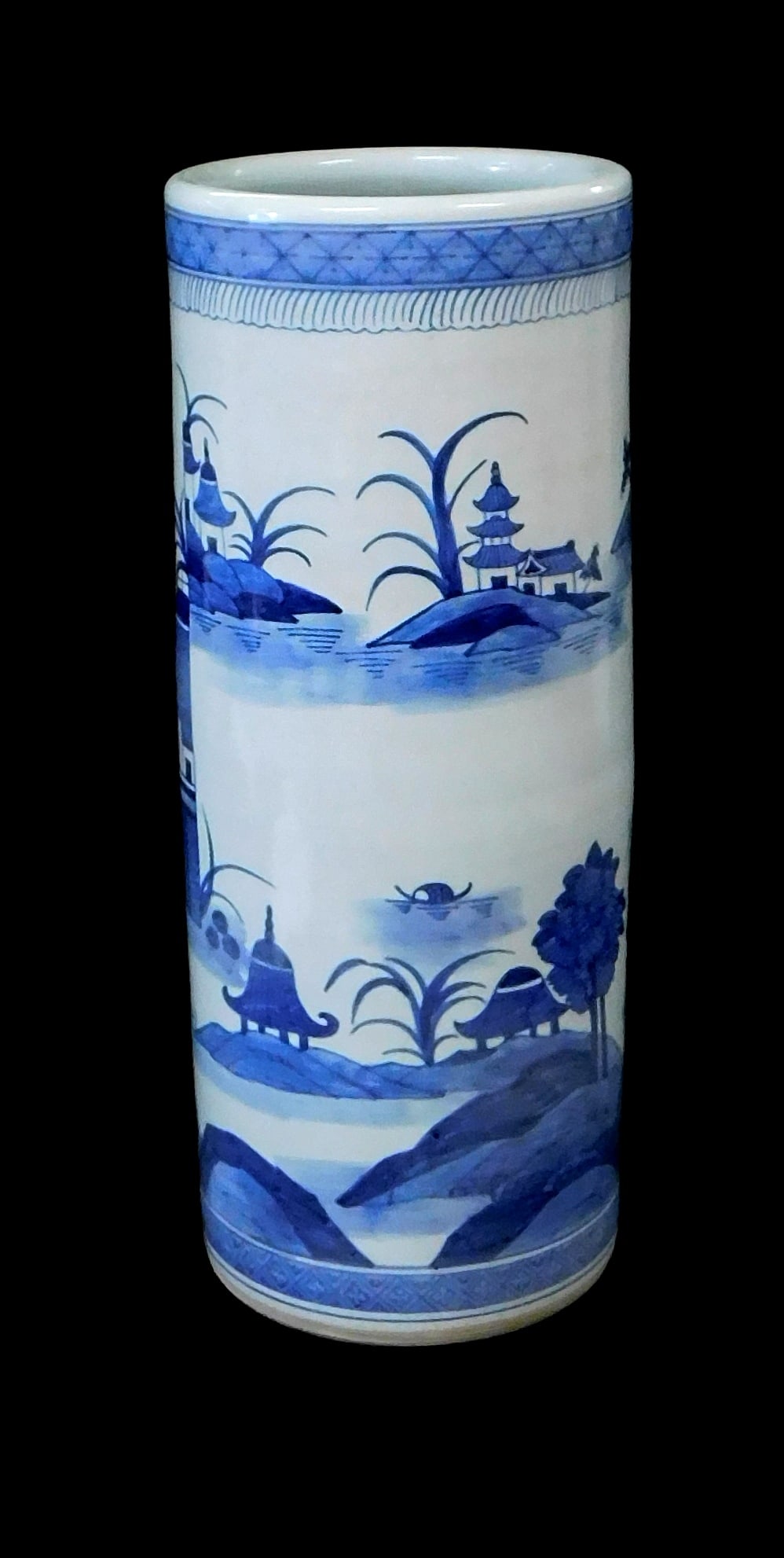 ASIAN: Chinese Export Canton umbrella stand, 20th C., porcelain with glazed blue and white landscape: ASIAN: Chinese Export Canton umbrella stand, 20th C., porcelain with glazed blue and white landscape design ensconced with geometric borders, no maker's mark viewed, light wear consistent with age and