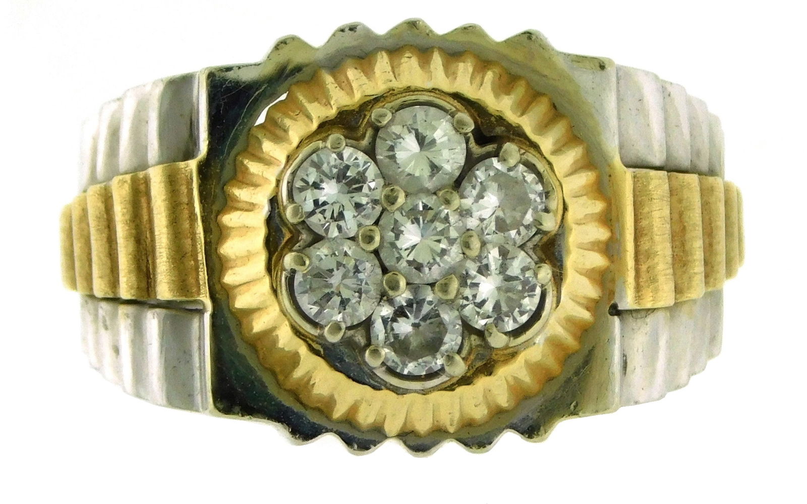 JEWELRY: 14K Rolex style diamond cluster ring, stamped and tested “14K" white gold with yellow (1 of 5)