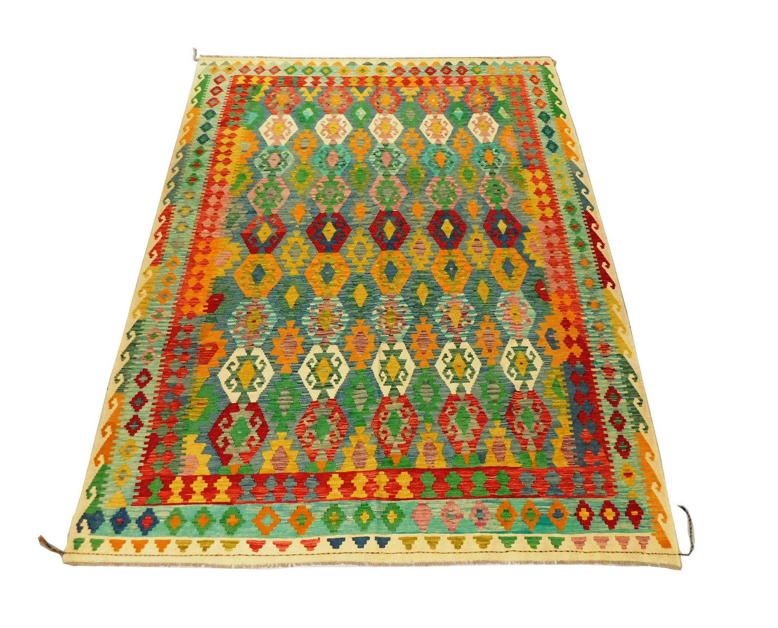 RUG: Turkish Kalim, 9' x 11' 4", hand-made, wool on wool, ombre geometric design on light blue (1 of 3)