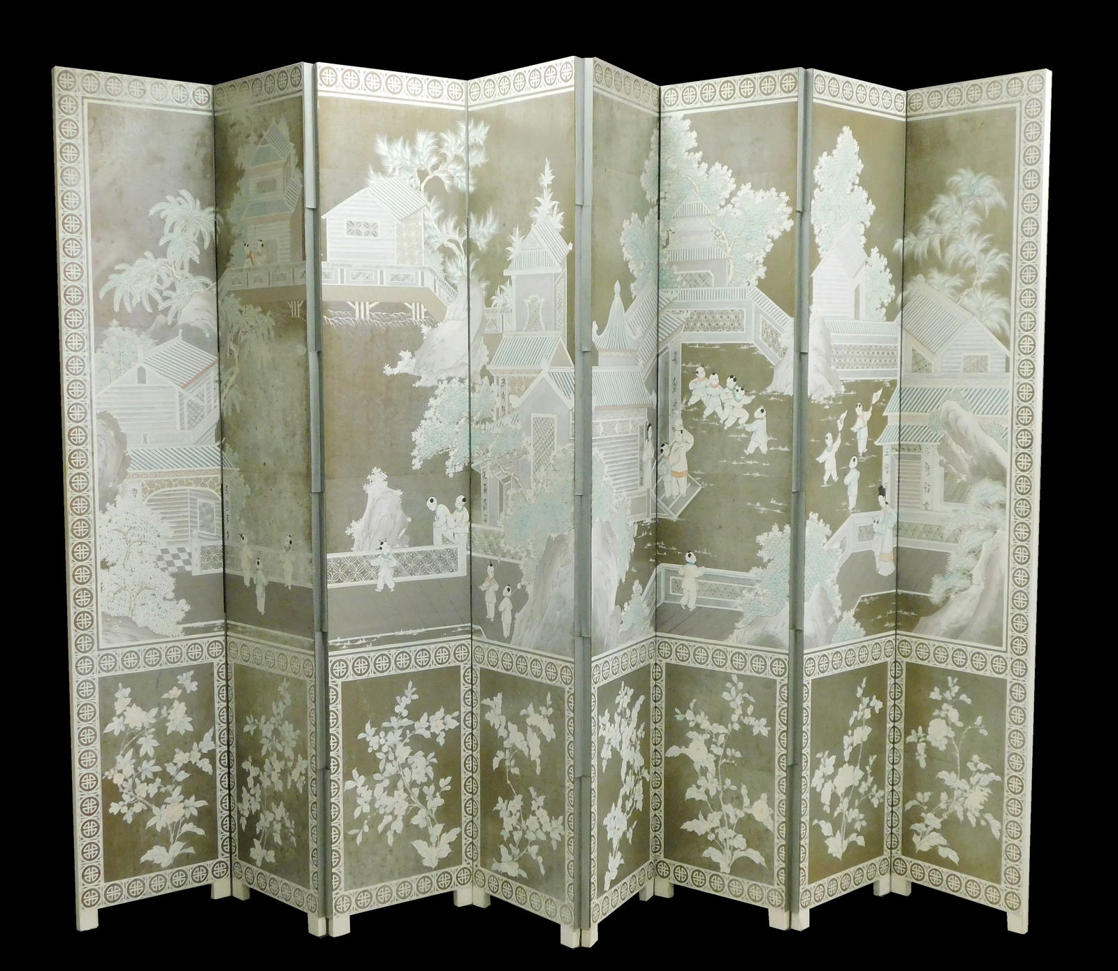 ASIAN: Hand painted on paper, silver foil folding floor screen, Chinese, 20th C., eight panels, (1 of 4)
