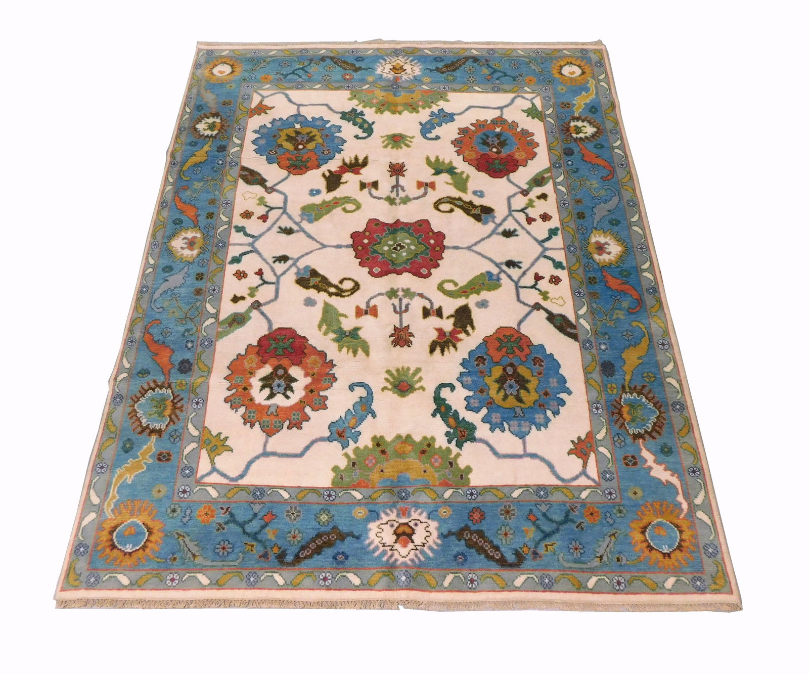 RUG: Turkish Oushak, 8' x 9' 10", hand-made, wool on wool, cream field, light blue border, light (1 of 3)