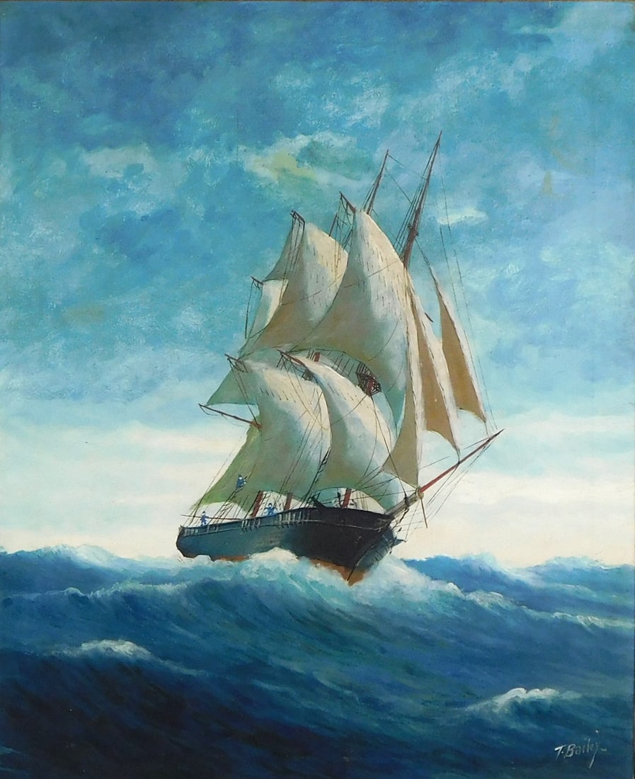 T. Bailey (American, 19th/20th C.), oil on canvas, traditional three masted ship under sail on (1 of 6)