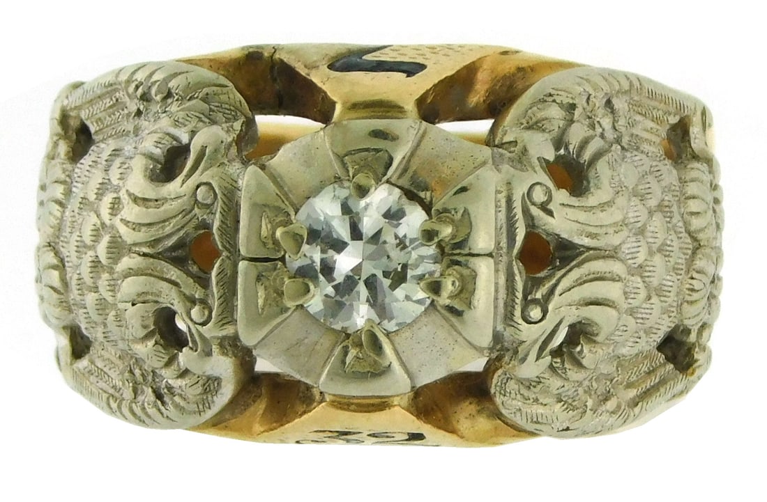 JEWELRY: 14K Diamond Masonic Ring, stamped and tested “14K?? yellow gold, with white gold double (1 of 6)