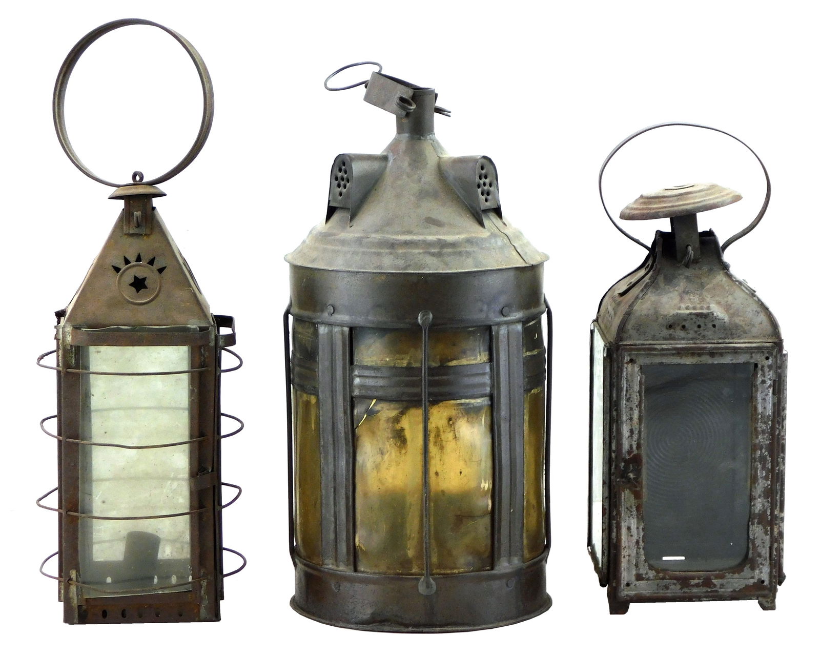 Three 19th C. tin candle lanterns, including; square lantern with three glass panes, and swirled (1 of 3)