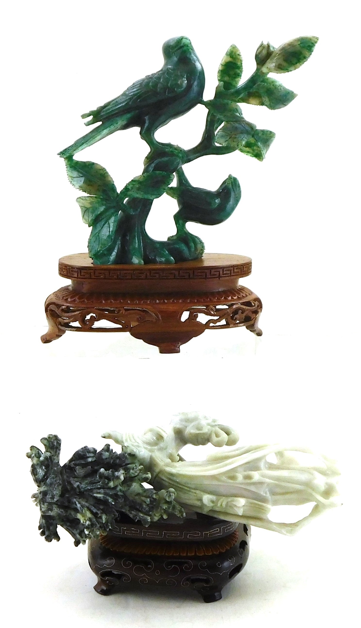 ASIAN: Two hard stone carvings, Chinese, modern, one of green stone with birds on branch; the other (1 of 3)