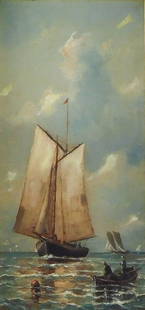 Fredric Louis Thompson (American/Massachusetts, 1838-1933), oil on panel, depicting a large: Fredric Louis Thompson (American/Massachusetts, 1838-1933), oil on panel, depicting a large two-masted sailboat, small rowboat with two men looking at sailboat and buoy in foreground, other sailboat i