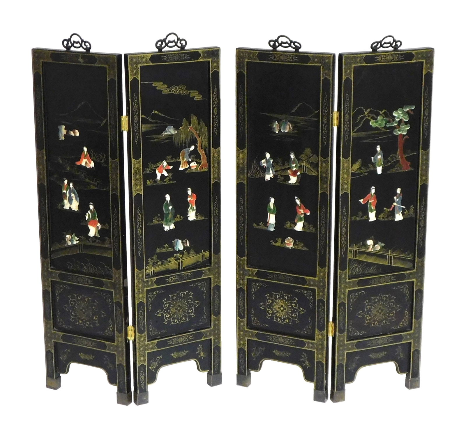 ASIAN: Four Chinese folding lacquered screens, with painted stone inlay of figures and foliage, (1 of 5)