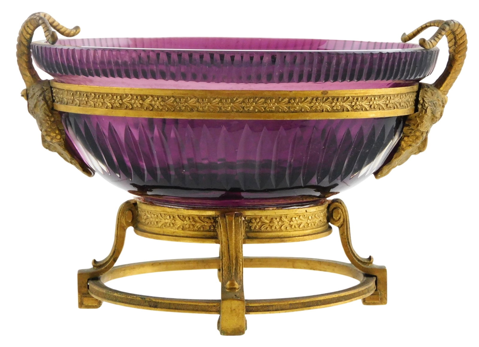 Colored cut glass and gilt-footed sugar bowl, Austrian, late 19th C., eggplant purple-hued cut glass (1 of 6)