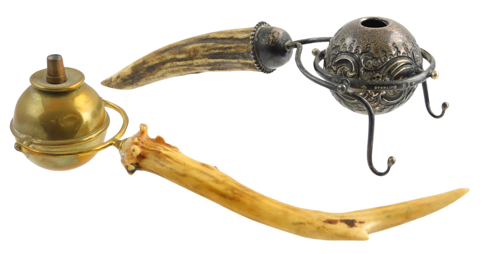 Two gimbal cigar lighters, both with antler handles, including; sterling silver gimbal with two (1 of 8)