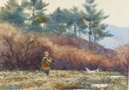 Aiden Lassell Ripley (American, 1896-1969), watercolor on paper, 1937, man and spaniel crossing