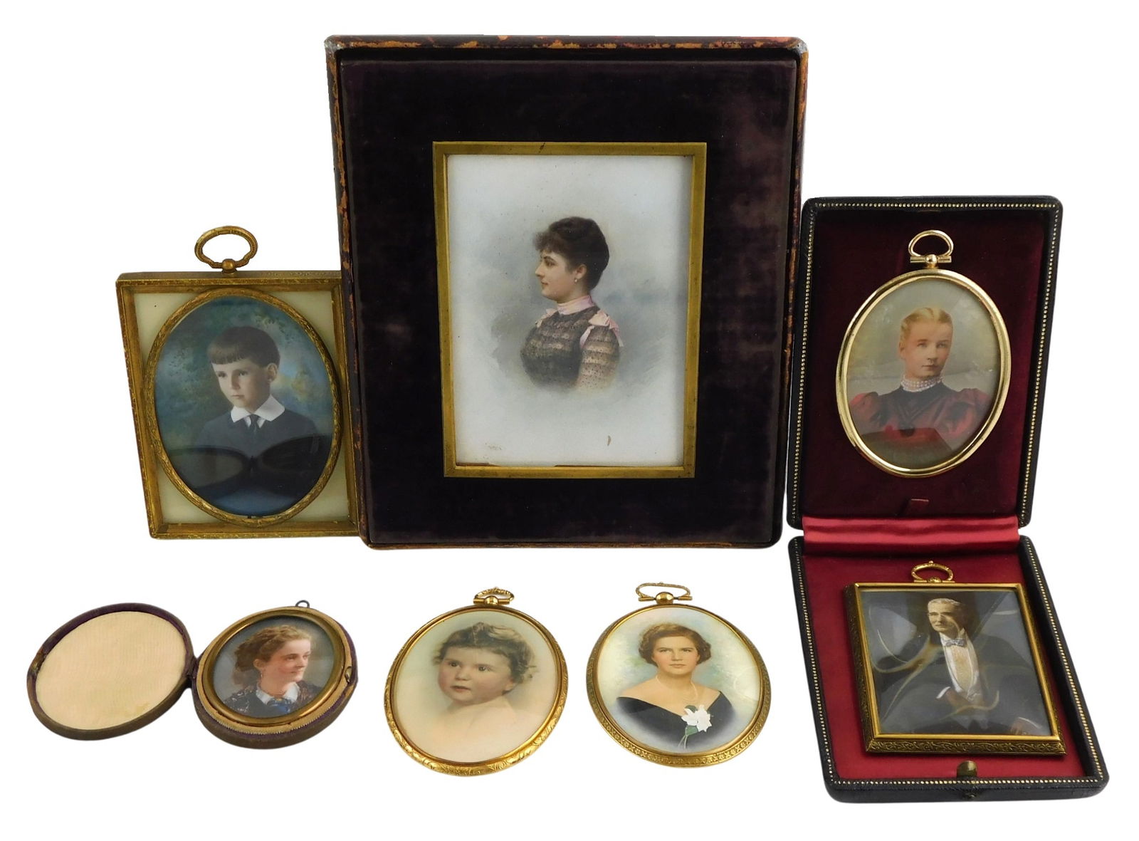 Seven framed miniature portraits, late 19th/ mid-20th C., variations include hand-painted, (1 of 3)