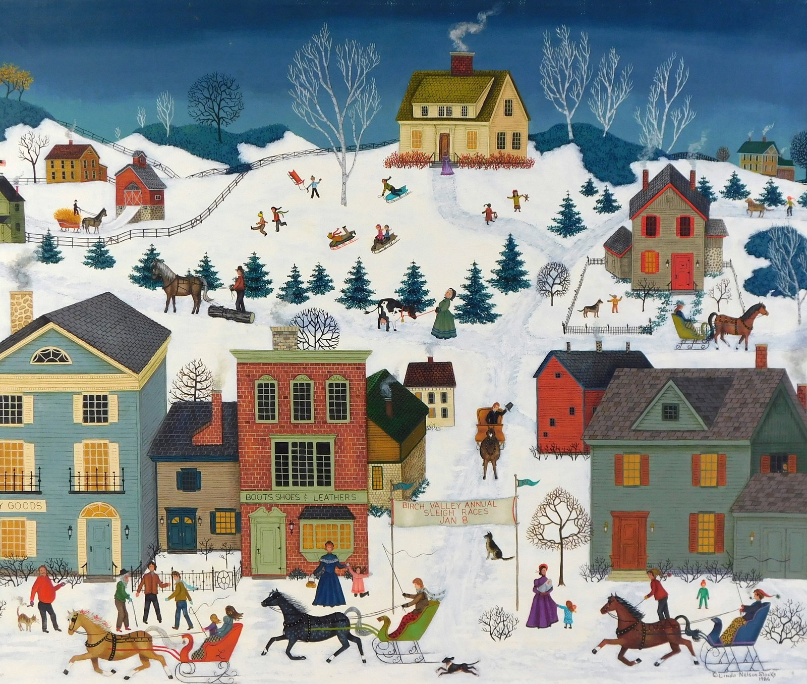 Linda Nelson Stocks (American, 1938 - 2011), "Sleigh Race", 1986, oil on canvas, unframed, depicts (1 of 9)