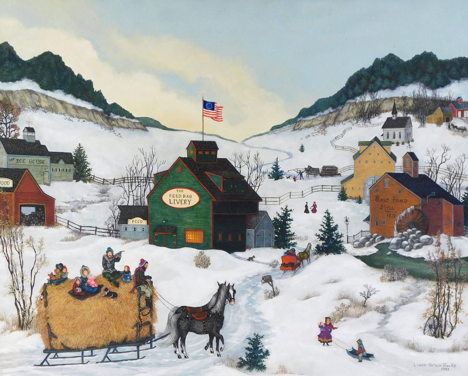 Linda Nelson Stocks (American, 1938 - 2011), "Feed Bag Livery", 1991, oil on canvas, unframed, (1 of 8)