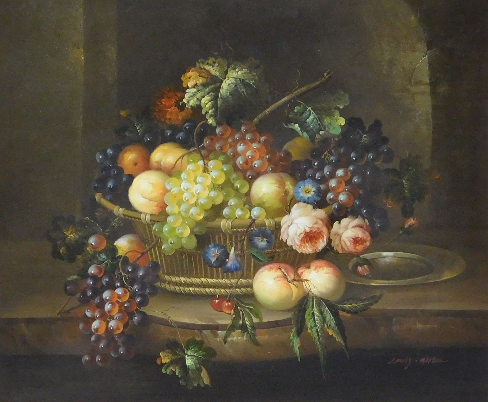 Lewis Milton (20th C.), "Fruit Basket", 20th C., oil on canvas, still life of woven basket (1 of 5)