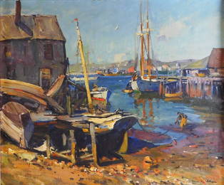 Emile Albert Gruppe (Massachusetts, 1896-1978), "Gloucester Wharfs", oil on canvas, impressionistic