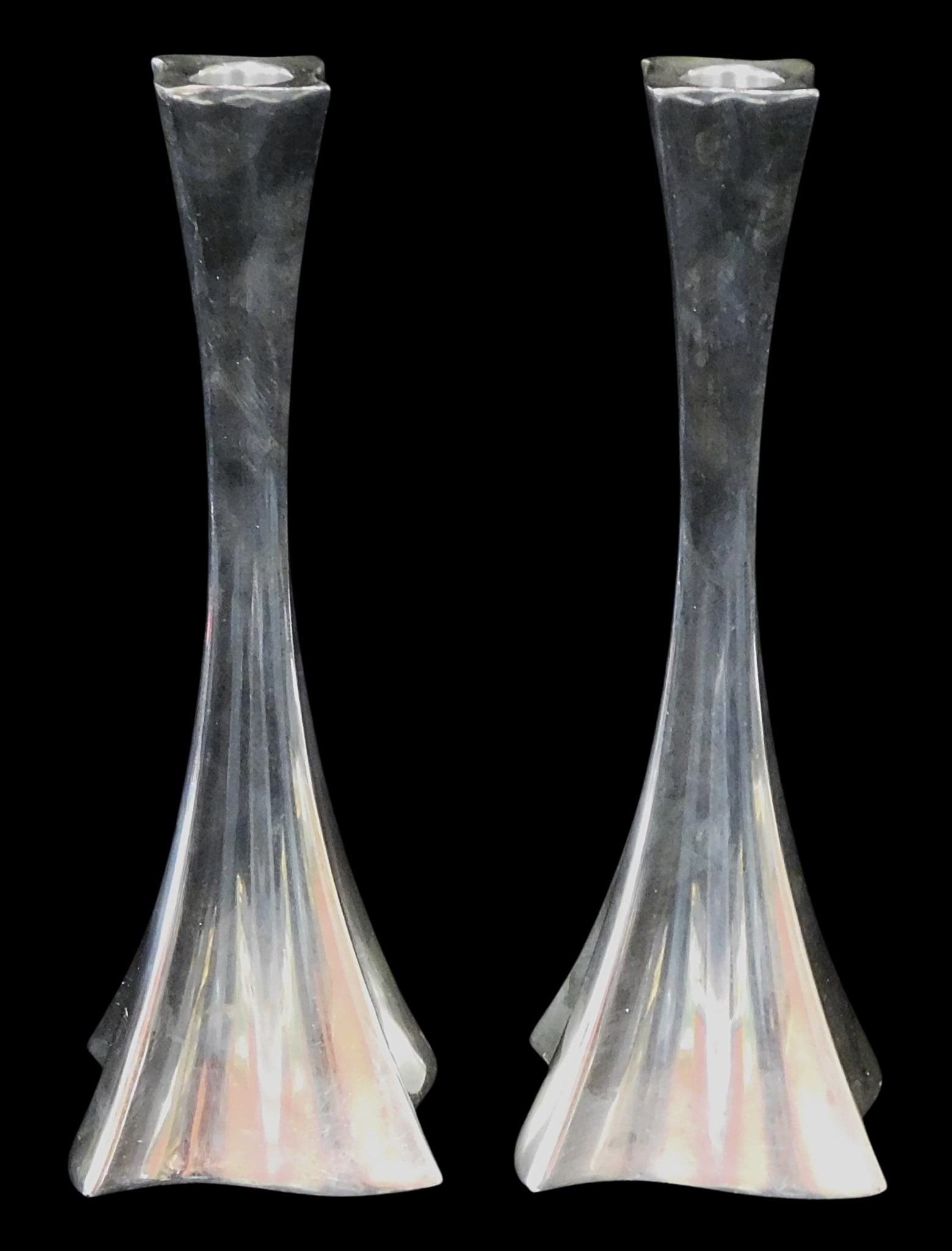 STERLING: Pair of Hazorfim modern sterling silver candlesticks, 20th C, square form, tapered waist (1 of 4)