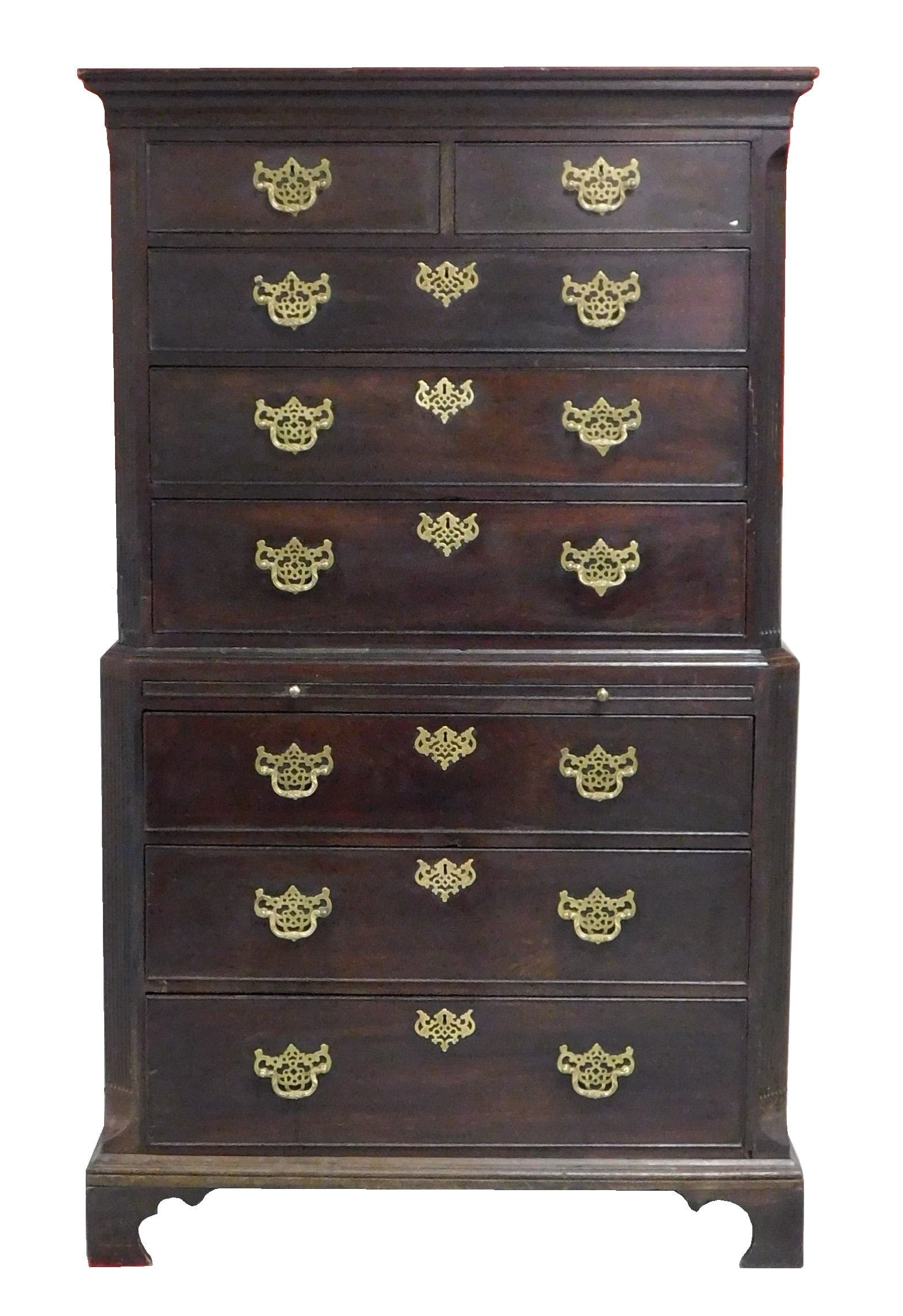 Georgian chest on chest, English, 18th C., walnut veneer on oak, upper case with flat top above two (1 of 2)