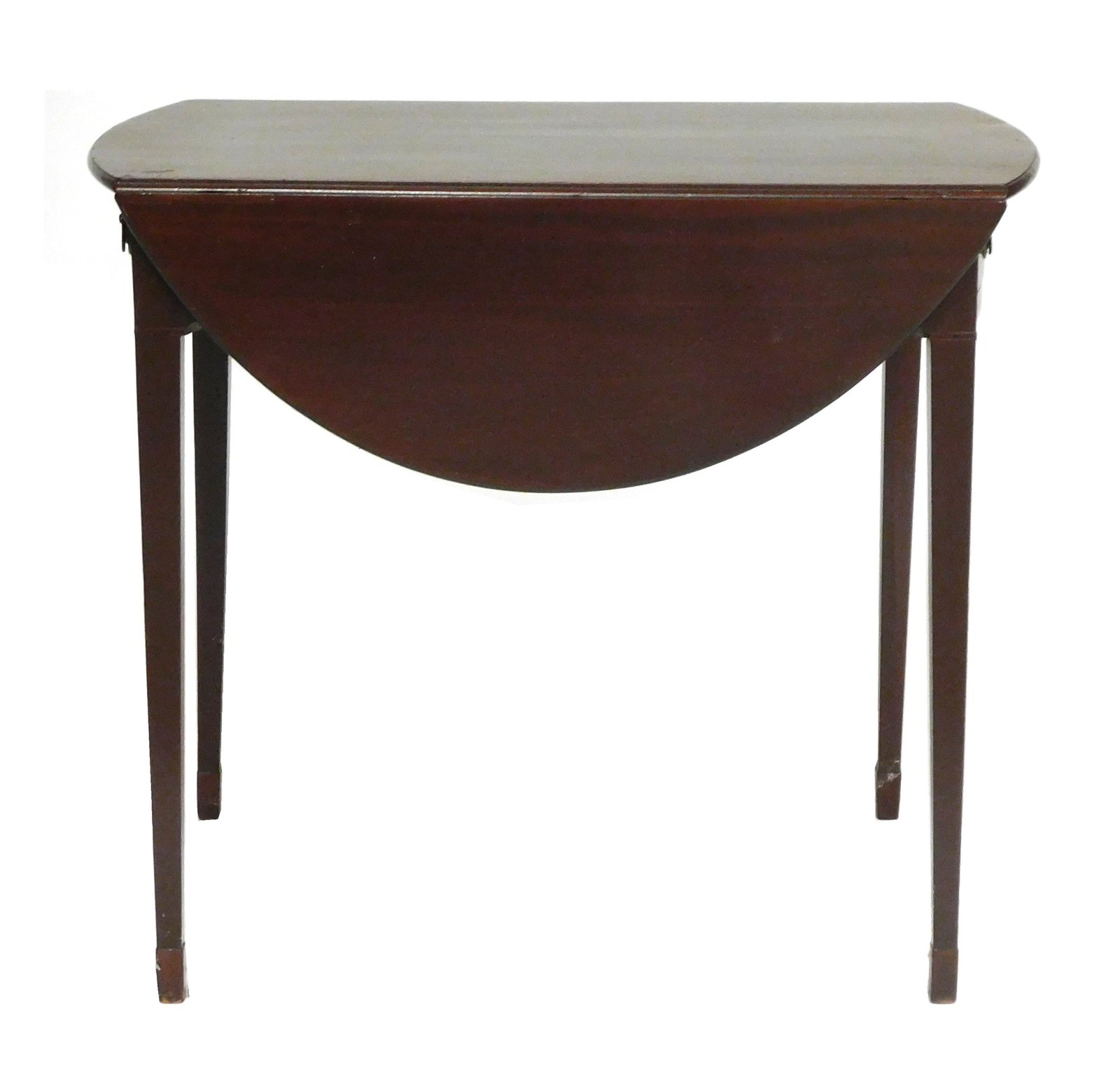 Pembroke drop leaf table, English, early 19th C., mahogany, oblong top with bowed ends, two demilune (1 of 3)
