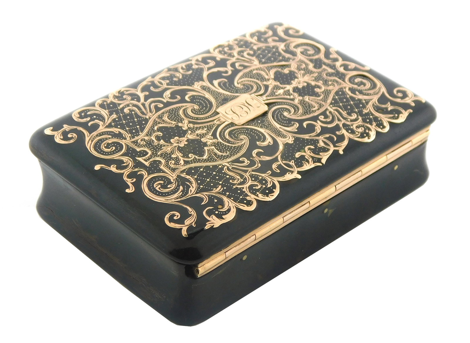 Tortoiseshell snuff box with pique gold inlay, late 18th/ 19th C., French manner elaborate scroll (1 of 4)
