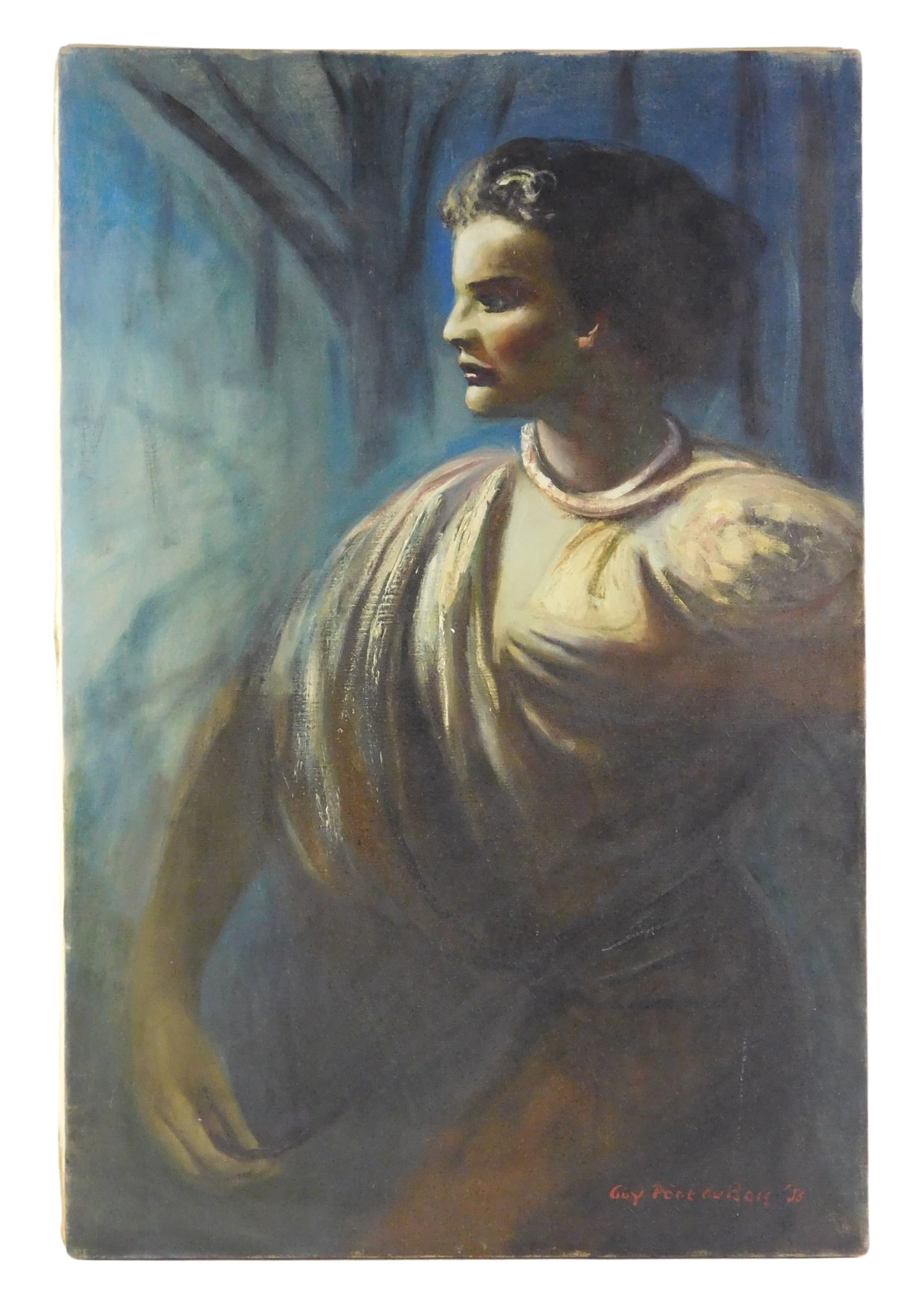 Guy Pene Du Bois (American, 1884-1958), "Girl in White Cloak", 1953, oil on canvas, boldly painted p: Guy Pene Du Bois (American, 1884-1958), "Girl in White Cloak", 1953, oil on canvas, boldly painted portrait of a woman in the woods at night, with heavy shadowing, signed and dated lower right, unfram