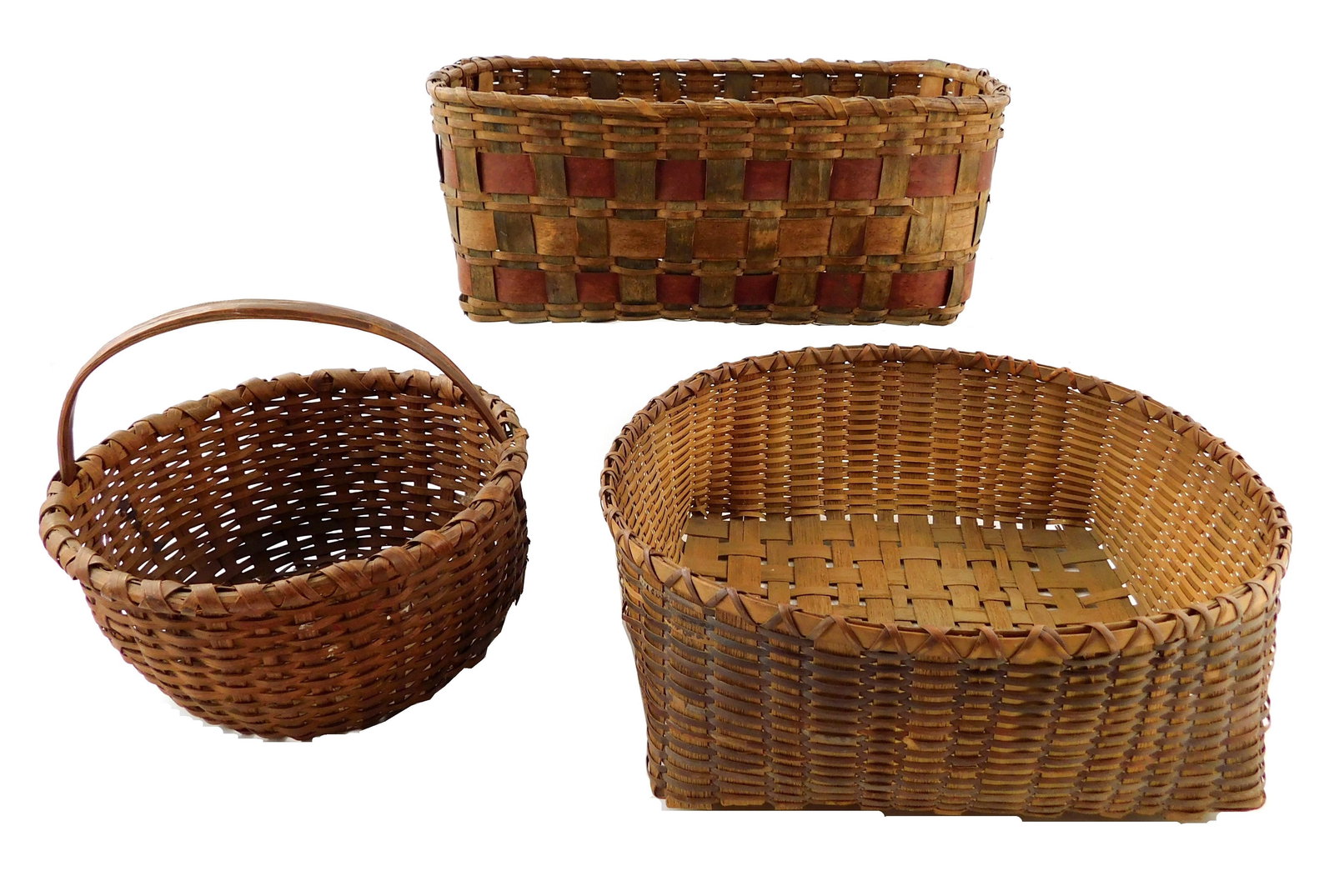 Three woven splint baskets, American, 19th/ early 20th C., including: largest basket with red and (1 of 4)